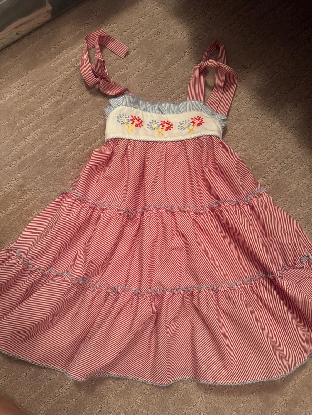 Red Striped Tiered Sundress with Embroidered Bodice